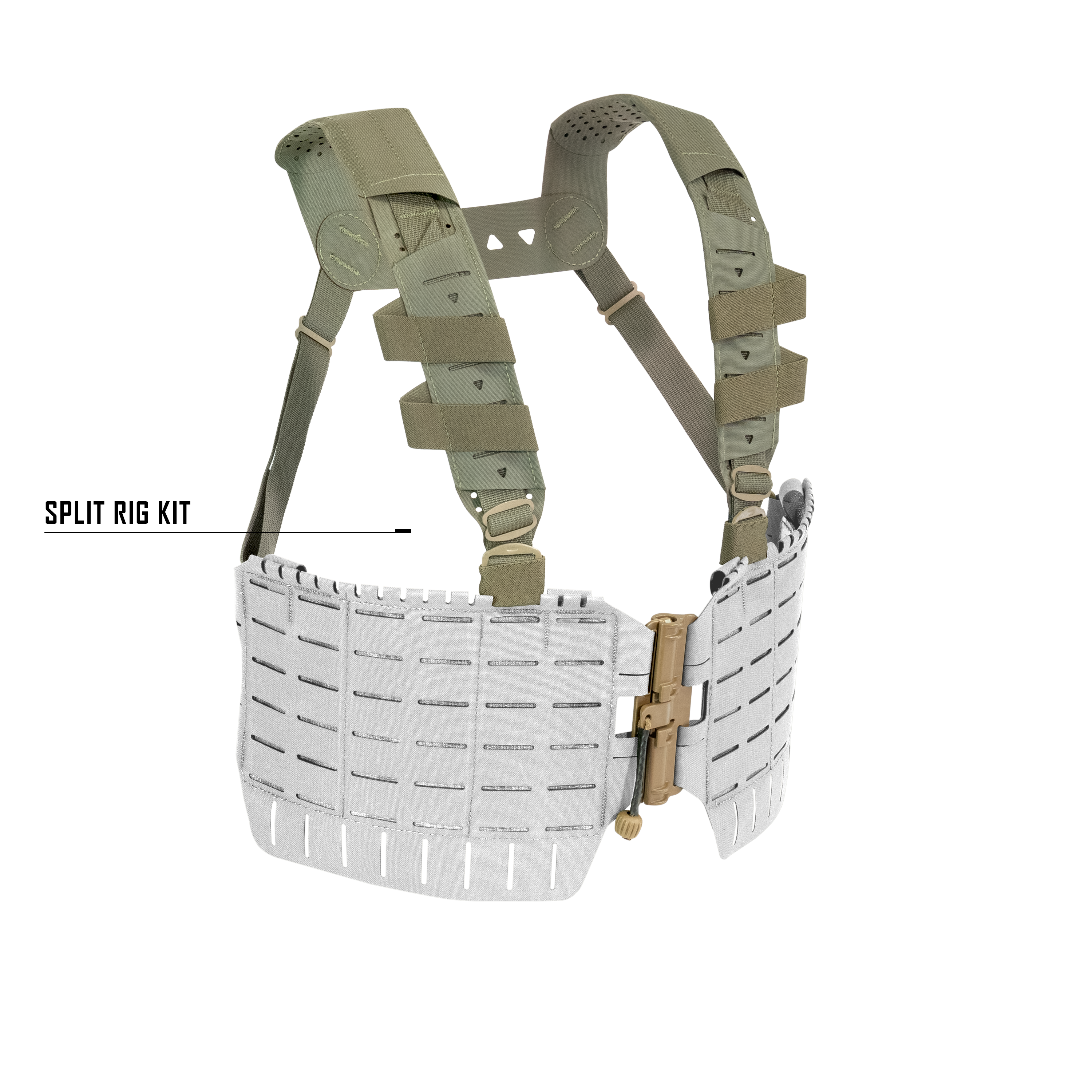 Shaw Concepts ARC Split Rig Kit in Ranger Green featuring a split-front chest rig design, modular MOLLE placards, and a padded H-harness.