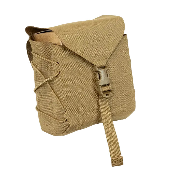 Shaw Concepts BFG Pouch in Coyote Brown belt fed ammo and large capacity MOLLE utility pouch with Tegris reinforced front panel and adjustable cinch closure, built for SAW drums, linked belts, ammo boxes, and heavy machine gun loadouts on plate carriers and duty gear