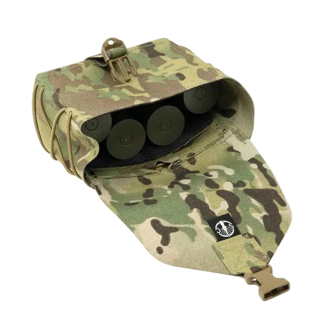 Shaw Concepts BFG Pouch shown open with belt fed ammunition inside, highlighting large capacity interior, Tegris reinforced structure, and quick access design for machine gun ammo, linked belts, and heavy tactical loadouts on MOLLE plate carriers and duty gear