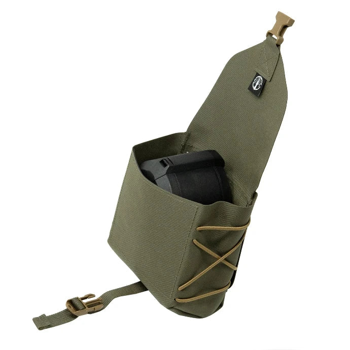 Ranger Green Shaw Concepts BFG pouch mounted on MOLLE gear holding ammunition and tactical equipment for machine gun loadout.