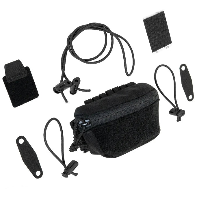 Shaw Concepts BRAIN Pouch in Black configured with helmet accessories for NVG counterweight balance and battery storage, low profile expandable helmet pouch with cable routing and compression retention built for military combat gear, law enforcement duty helmets, and tactical night operations made in the USA