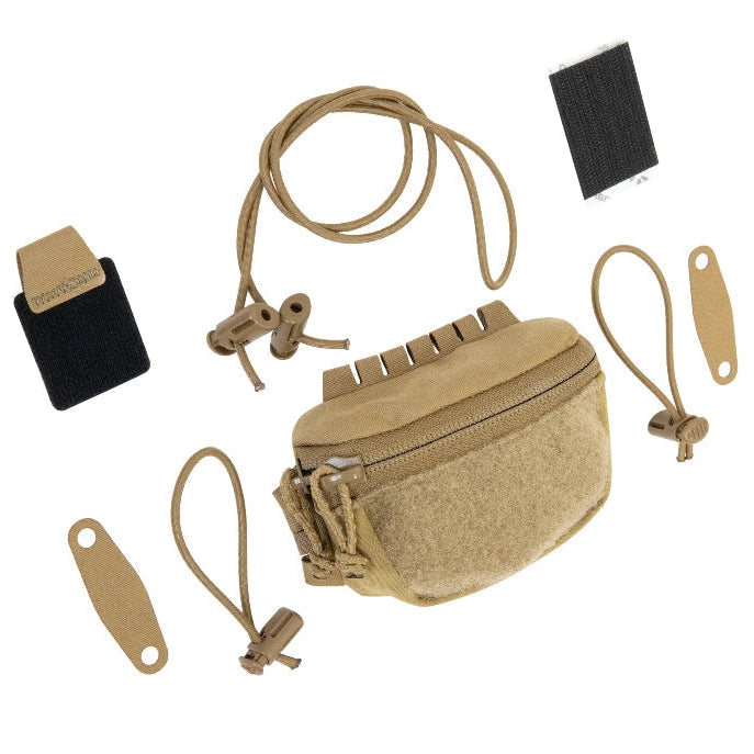 Shaw Concepts BRAIN Pouch in Coyote mounted on tactical helmet as NVG counterweight and battery storage system, low drag helmet pouch for night vision balance, combat gear integration, military duty setups, and law enforcement helmet configurations made in the USA