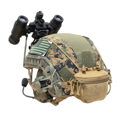 Shaw Concepts BRAIN Pouch in Coyote installed on tactical combat helmet for NVG counterweight and battery storage, low profile helmet pouch designed for military combat gear, law enforcement duty helmets, and night vision operations with secure retention and cable routing made in the USA