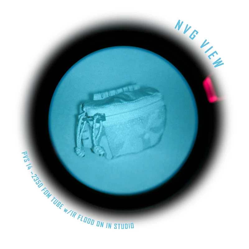 Shaw Concepts BRAIN Pouch mounted on tactical helmet viewed under night vision with no reflective signature, low visibility NVG counterweight and battery storage pouch designed for military combat gear, law enforcement duty operations, and covert night missions made in the USA