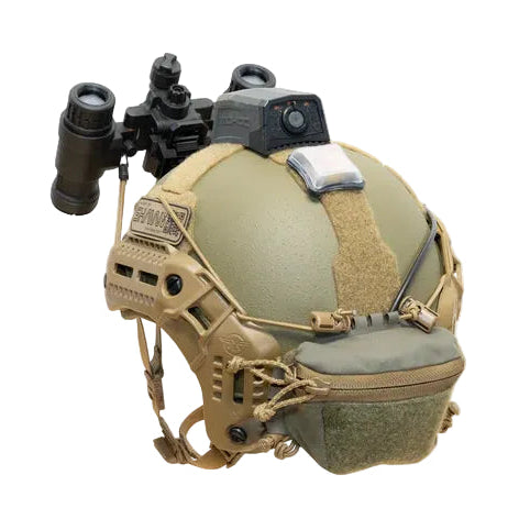 Shaw Concepts BRAIN Pouch in Ranger Green mounted on combat helmet for NVG counterweight and battery storage, low profile helmet pouch designed for military combat gear, law enforcement duty setups, and night vision tactical operations with secure retention and cable management made in the USA