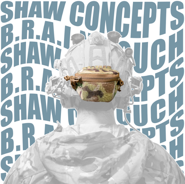 Shaw Concepts BRAIN Pouch installed on combat helmet as NVG counterweight and battery storage solution, low profile night vision helmet pouch built for military combat gear, law enforcement duty helmets, and covert tactical operations with secure retention and cable routing made in the USA