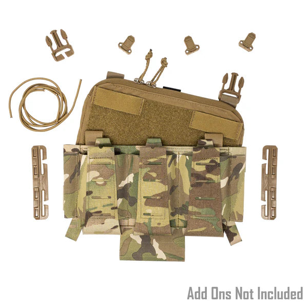 Shaw Concepts Elastic 556 Placard V2 shown with optional accessories and insert configurations, low profile 5.56 mag placard integrating tourniquet sleeve, tool retention, and modular plate carrier attachment for combat gear, military loadouts, and law enforcement duty setups made in the USA