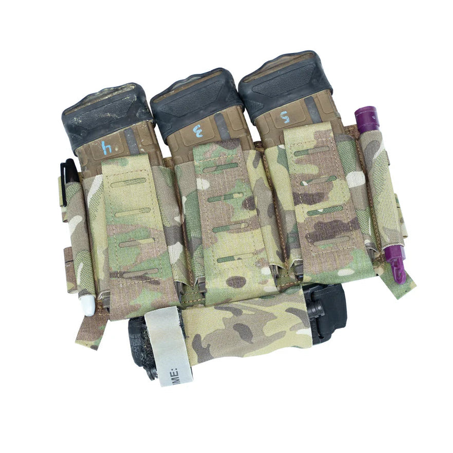 Shaw Concepts Elastic 556 Placard V2 in Multicam low profile 5.56 magazine placard with integrated tourniquet sleeve and elastic retention cells, streamlined plate carrier front panel for combat gear, military chest rigs, and law enforcement duty loadouts made in the USA