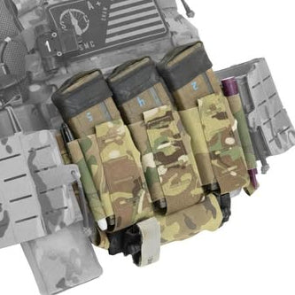 Shaw Concepts Elastic 556 Placard V2 mounted as standalone front panel on plate carrier, low profile elastic 5.56 mag placard with integrated tourniquet retention designed for streamlined combat gear, military kit builds, and law enforcement duty loadouts made in the USA
