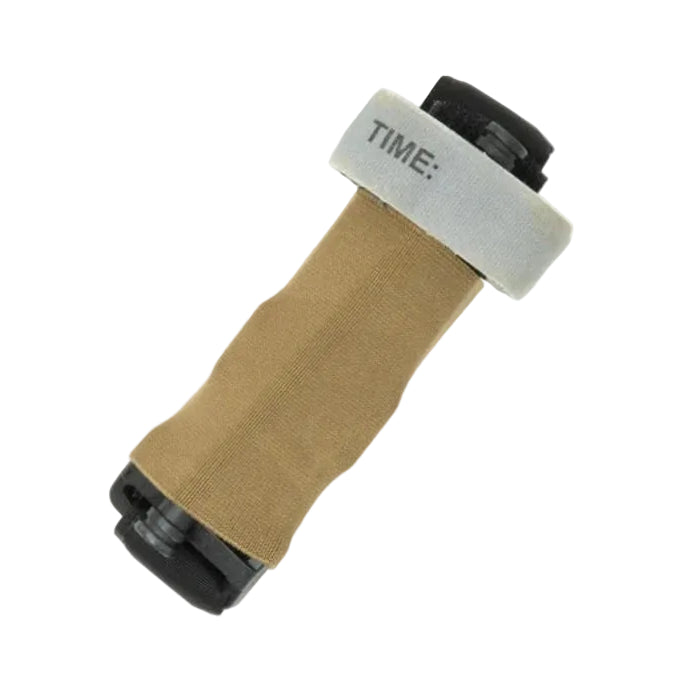 Shaw Concepts Elastic TQ Add On Pouch in Coyote low profile MOLLE tourniquet mount for CAT TQ retention, elastic medical pouch with Tegris tuck tab designed for plate carriers, battle belts, and modular combat gear in military and law enforcement duty setups made in the USA