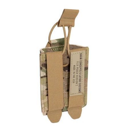 Shaw Concepts FLEX Pouch V2 in Multicam shown empty, low profile elastic rifle magazine pouch that lays flat when not loaded, featuring dual layer mil spec elastic and HANK friction liner, MOLLE compatible tactical mag pouch for plate carriers and battle belts