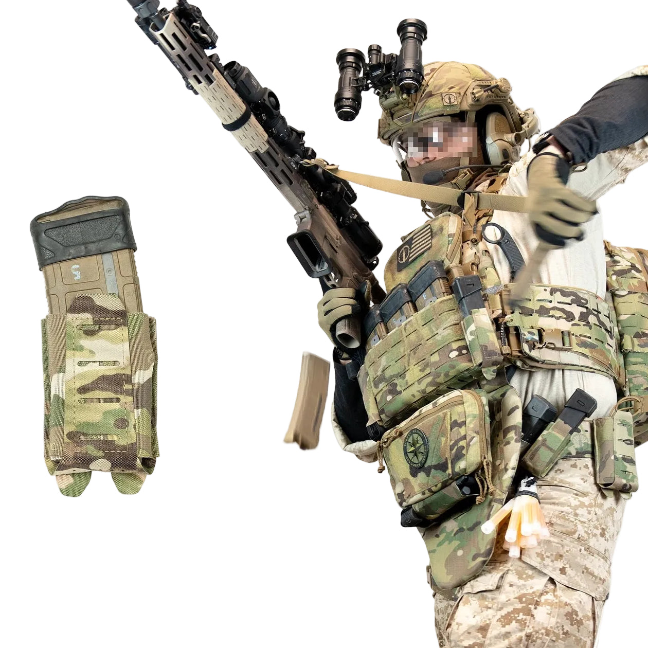 Graphic of an operator wearing a plate carrier and battle belt equipped with Shaw Concepts FLEX Pouch V2 low profile rifle magazine pouch, showcasing elastic retention rifle mag holder integrated into a tactical combat loadout for range training and duty use