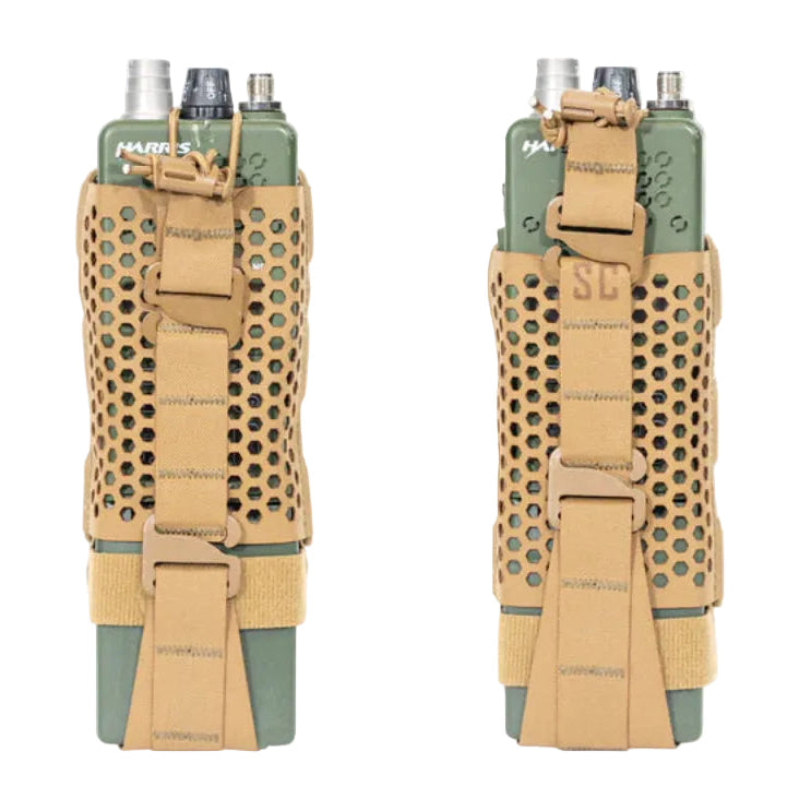 Shaw Concepts HIVE Radio Pouch detail showing adjustable ride height via G Hook bottom flap for optimized radio positioning, ventilated tactical comms pouch designed for plate carriers, modern field radios, military combat gear, and law enforcement duty communication setups made in the USA