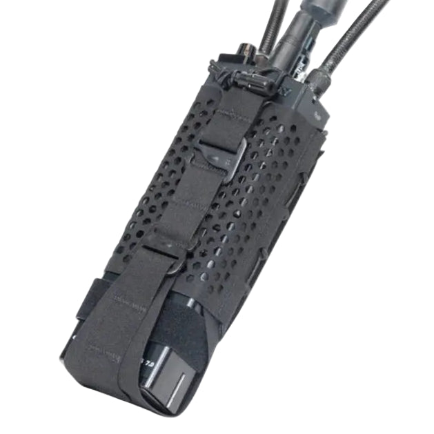 Shaw Concepts HIVE Radio Pouch in Black ventilated tactical radio pouch with hex vent heat dissipation, adjustable ride height and secure G Hook retention system for plate carriers, modern communications gear, military combat loadouts, and law enforcement duty radio setups made in the USA