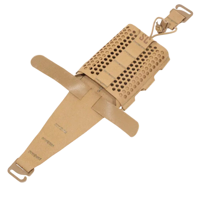 Shaw Concepts HIVE Radio Pouch shown empty highlighting hex ventilation, stretch construction, and adjustable G Hook retention, modular tactical radio pouch for plate carriers built for modern communications gear, military combat loadouts, and law enforcement duty setups made in the USA