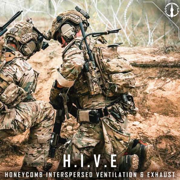 Graphic explaining HIVE acronym Honeycomb Interspersed Ventilation and Exhaust on Shaw Concepts HIVE Radio Pouch, ventilated tactical comms pouch with hex vent heat dissipation designed for plate carriers, military combat gear, and law enforcement duty radio setups made in the USA