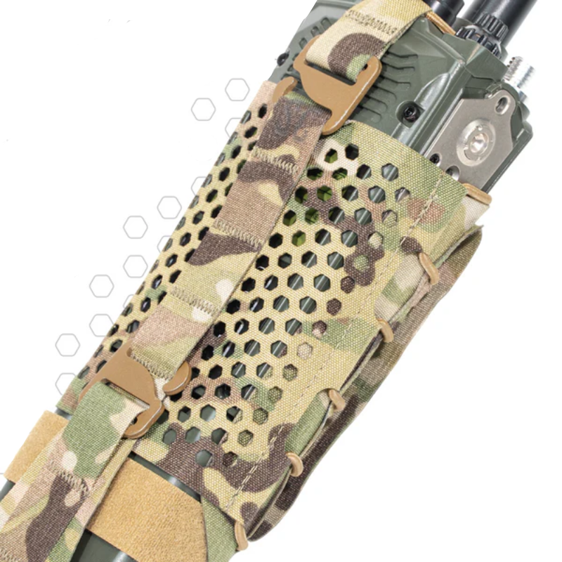 Close up detail of Shaw Concepts HIVE Radio Pouch showing enhanced hexagonal ventilation pattern for passive heat dissipation, ventilated tactical radio pouch designed for modern comms systems on plate carriers, combat gear loadouts, and law enforcement duty communications setups made in the USA