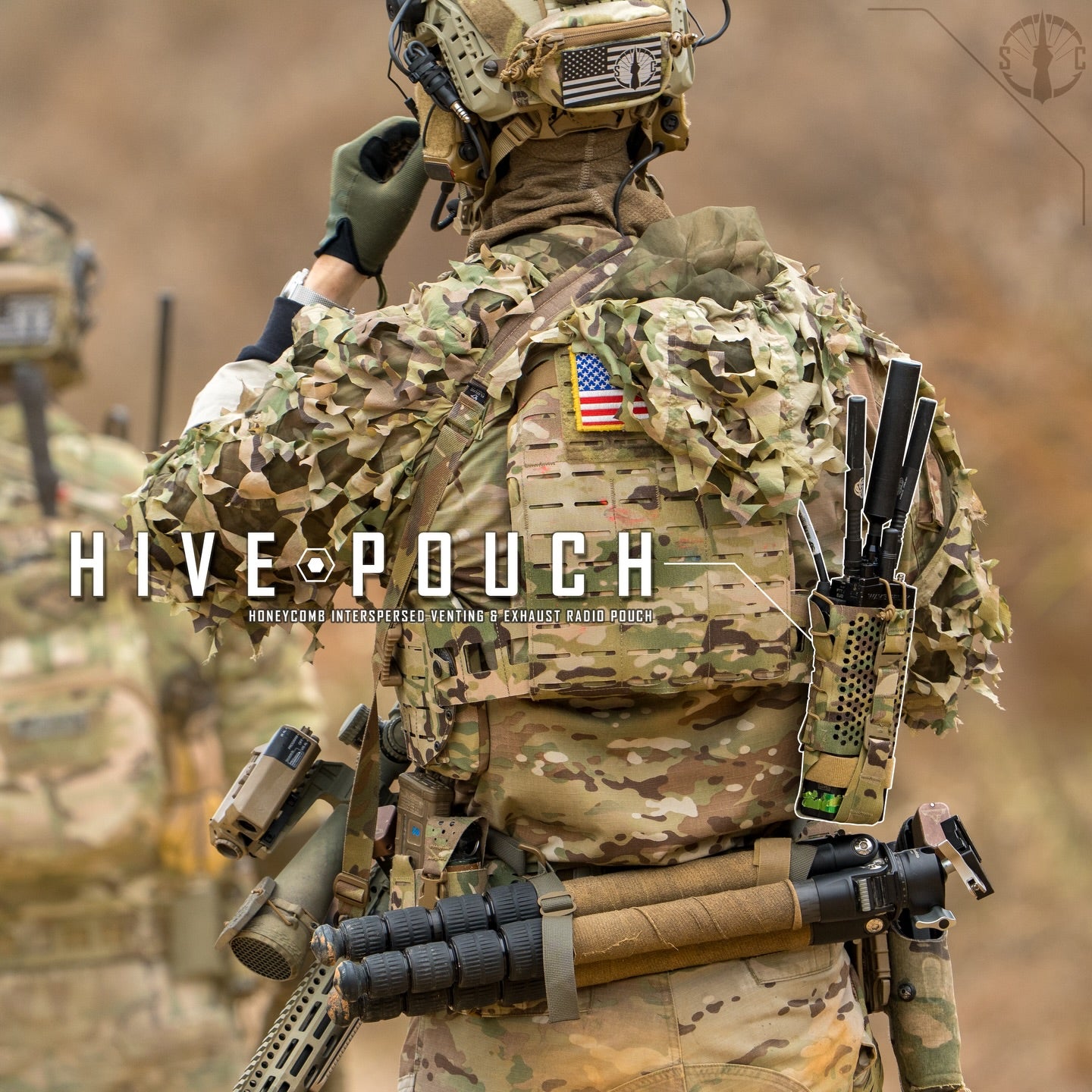 Graphic of operator fully kitted wearing Shaw Concepts HIVE Radio Pouch on plate carrier with callout highlighting ventilated tactical comms pouch, hex vent heat management system for modern radios used in military combat gear and law enforcement duty communication setups made in the USA