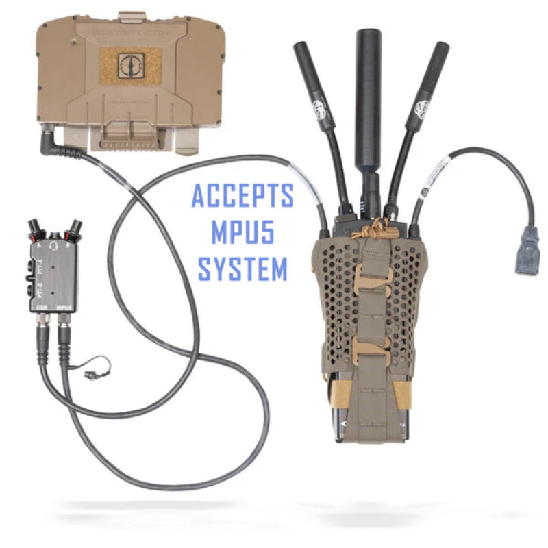Graphic showing Shaw Concepts HIVE Radio Pouch compatibility with MPU5 radio system, ventilated tactical comms pouch with hex vent heat management and adjustable retention designed for plate carriers, military combat gear, and law enforcement duty communications setups made in the USA