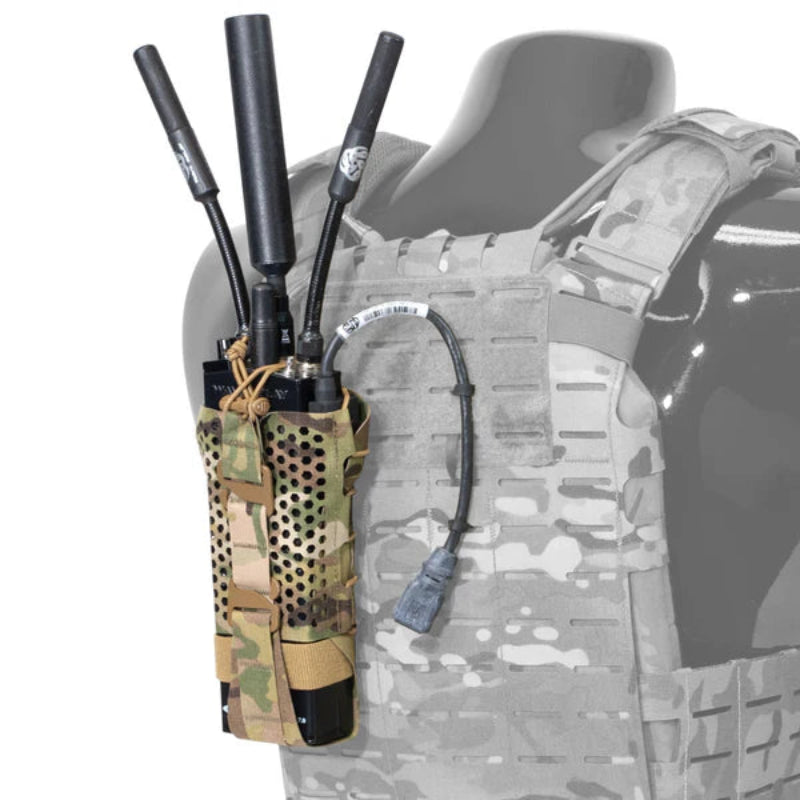 Shaw Concepts HIVE Radio Pouch mounted on plate carrier, ventilated tactical radio pouch with hex vent heat exhaust and G Hook retention system supporting modern comms gear for military combat loadouts and law enforcement duty communication setups made in the USA