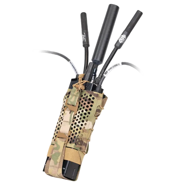 Shaw Concepts HIVE Radio Pouch in Multicam ventilated tactical radio pouch with hex vent heat exhaust design, adjustable ride height and G Hook retention built for plate carriers, PRC style radios, military combat gear, and law enforcement duty communications setups made in the USA