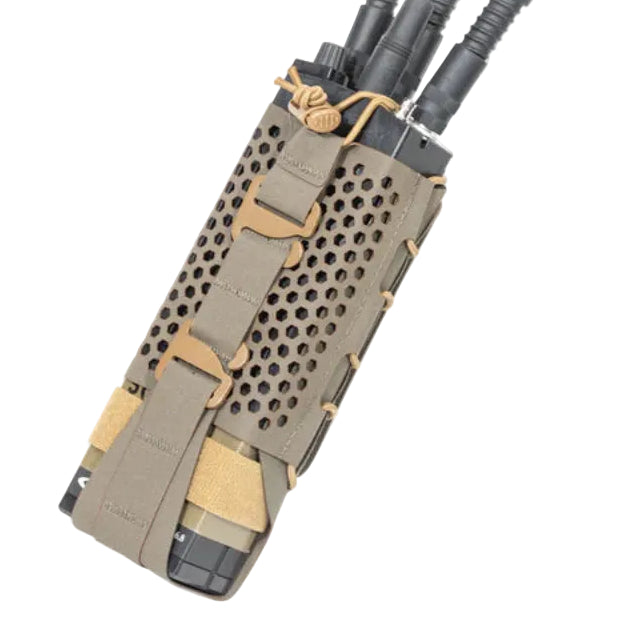 Shaw Concepts HIVE Radio Pouch in Ranger Green breathable tactical radio pouch with honeycomb venting for heat management, adjustable G Hook retention and battery swap access built for plate carriers, modern field radios, military combat gear, and law enforcement duty communication setups made in the USA