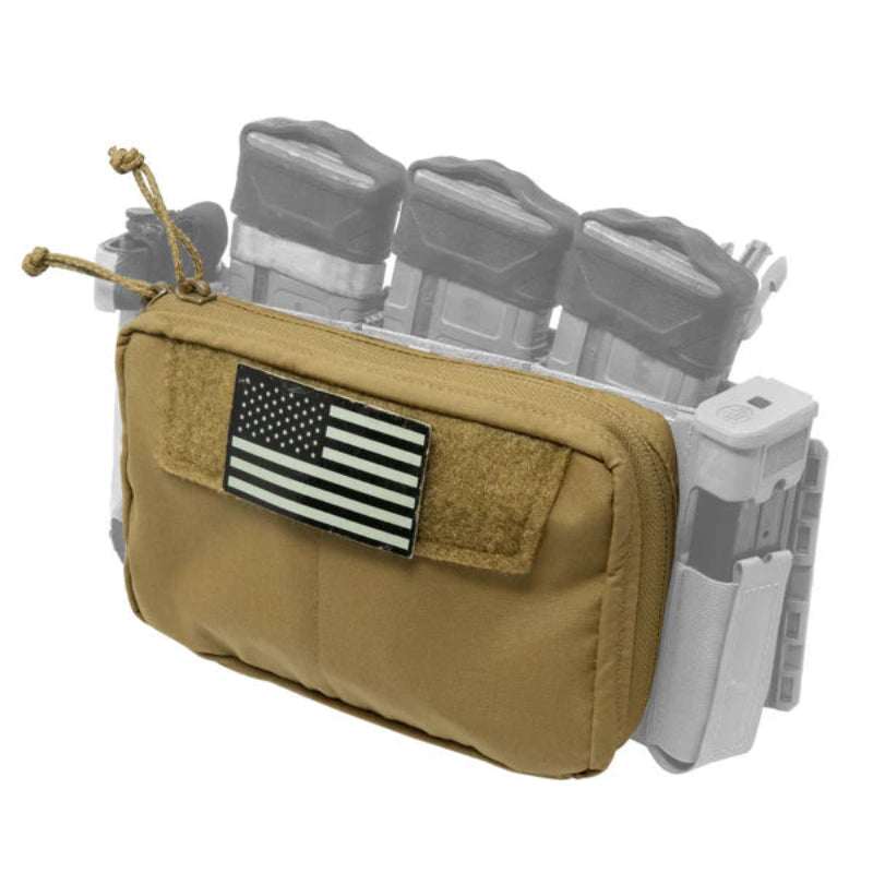 Shaw Concepts NERD Pouch attached to modular placard system, tactical admin pouch and EUD organizer mounted via MOLLE and PALS for plate carriers, combat gear configurations, military loadouts, and law enforcement duty setups made in the USA