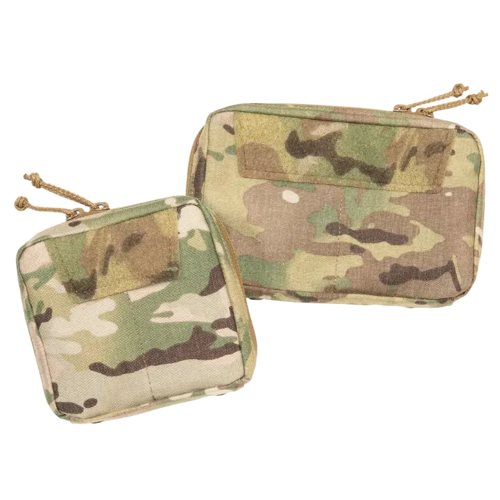 Shaw Concepts NERD Pouch in Multicam shown in Small and Large sizes, modular tactical admin pouch and EUD organizer with MOLLE mounting, internal loop field, and elastic retention built for plate carriers, chest rigs, combat gear setups, and law enforcement duty loadouts made in the USA