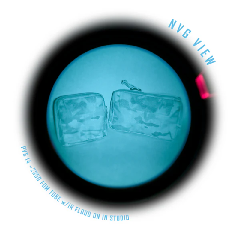 Shaw Concepts NERD Pouch viewed under night vision showing low IR signature, tactical admin pouch and EUD organizer with MOLLE mounting and elastic retention designed for plate carriers, military combat gear setups, and law enforcement duty loadouts made in the USA