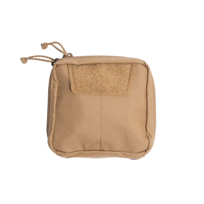 Shaw Concepts NERD Pouch Small in Coyote compact tactical admin pouch and EUD organizer with MOLLE mounting, elastic retention bands, and internal loop field for plate carriers, chest rigs, military combat gear, and law enforcement duty loadouts made in the USA