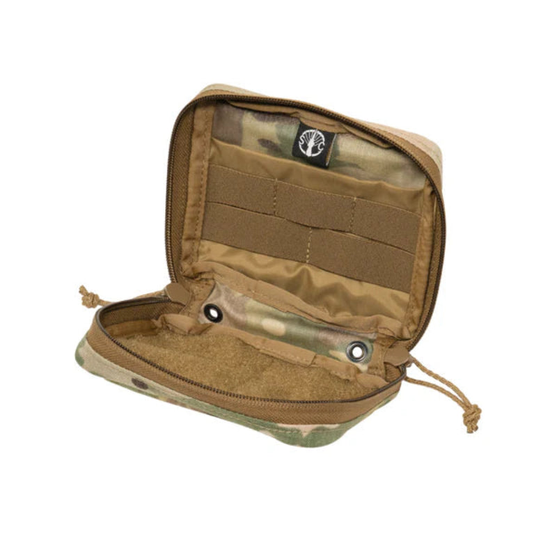 Shaw Concepts NERD Pouch Small interior showing loop field, elastic retention bands, and flat document pocket, compact tactical admin pouch and EUD organizer built for plate carriers, chest rigs, combat gear loadouts, and law enforcement duty setups made in the USA