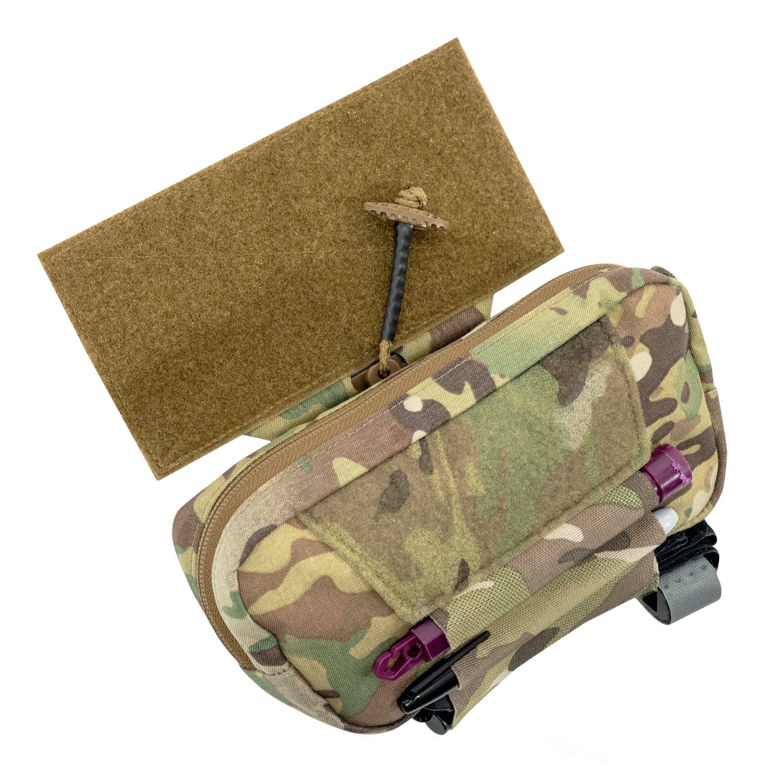 Angled view of the Shaw Concepts RAID Pouch LITE in Multicam highlighting the compact low-profile design, front loop panel, and First Spear Tube mounting flap.