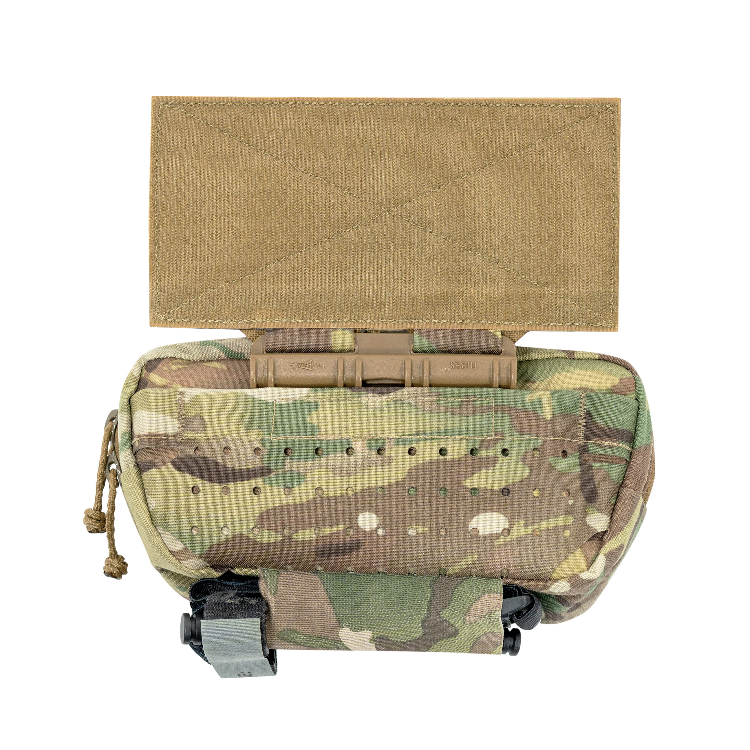 Rear view of the Shaw Concepts RAID Pouch LITE in Multicam showing the First Spear Tube mounting flap, shock cord lashing slots, and plate carrier attachment interface.