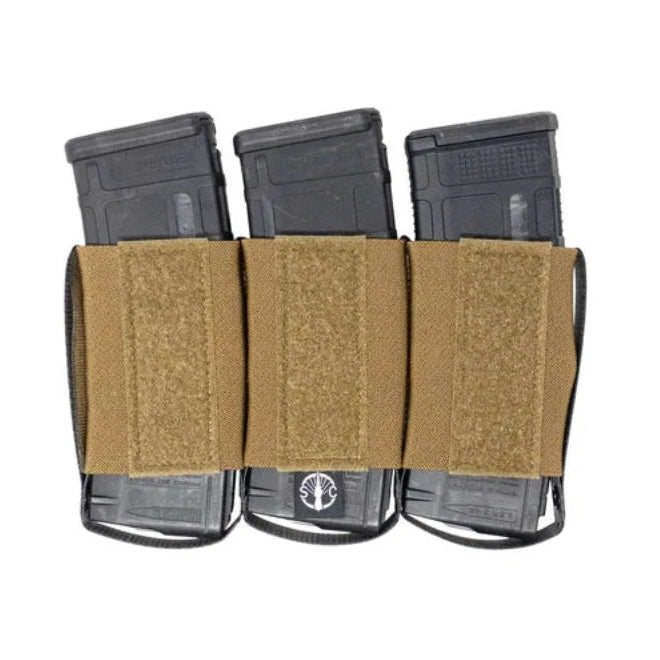 Shaw Concepts RAM Elastic Insert Triple 556 in Coyote with Tegris reinforced sidewalls and three 5.56 magazine cells, low profile elastic placard insert designed to protect pouches from lug wear and improve reload speed in hook and loop plate carrier setups made in the USA