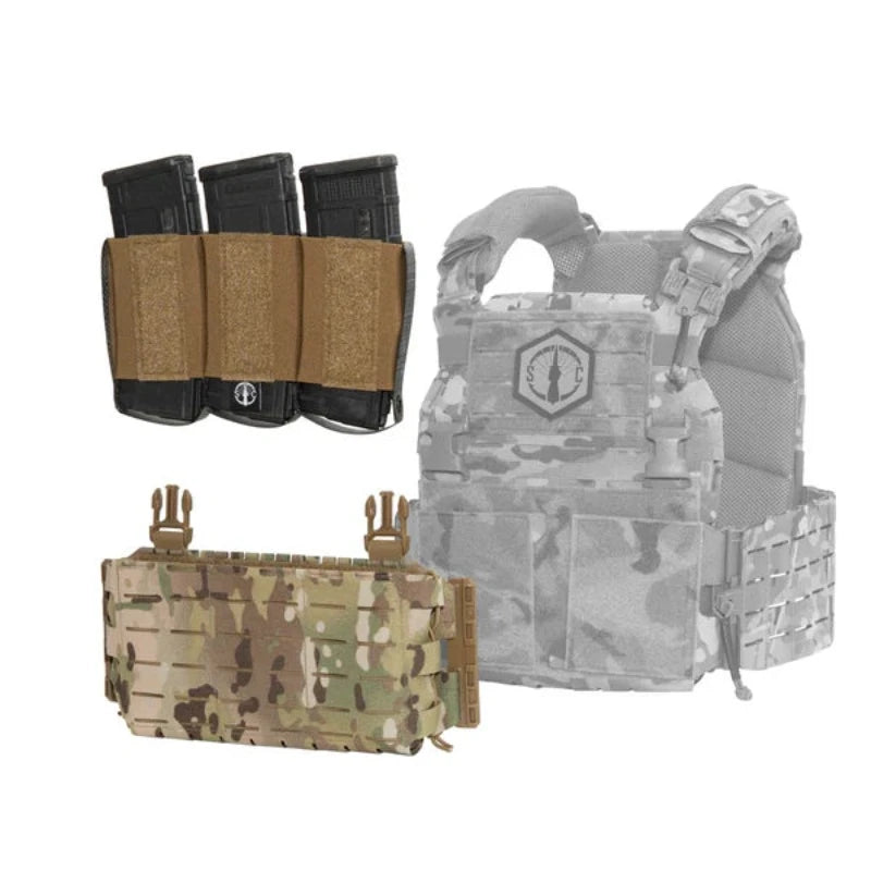 Shaw Concepts RAM Elastic Insert Triple 556 displayed next to a compatible placard and plate carrier, showing reinforced three cell 5.56 magazine insert with Tegris sidewalls designed for hook and loop tactical loadout integration and improved elastic durability