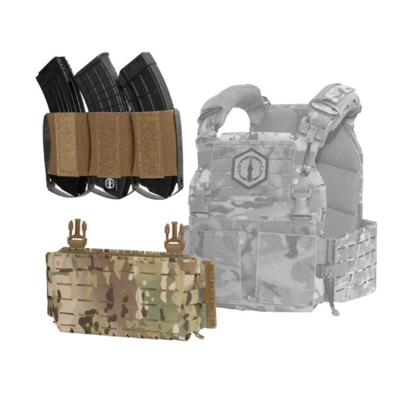 Shaw Concepts RAM Elastic Insert Triple AK mounted inside a hook and loop placard on a plate carrier, showing Tegris reinforced AK magazine insert integrated into a modular tactical loadout for smoother reloads and extended elastic pouch durability