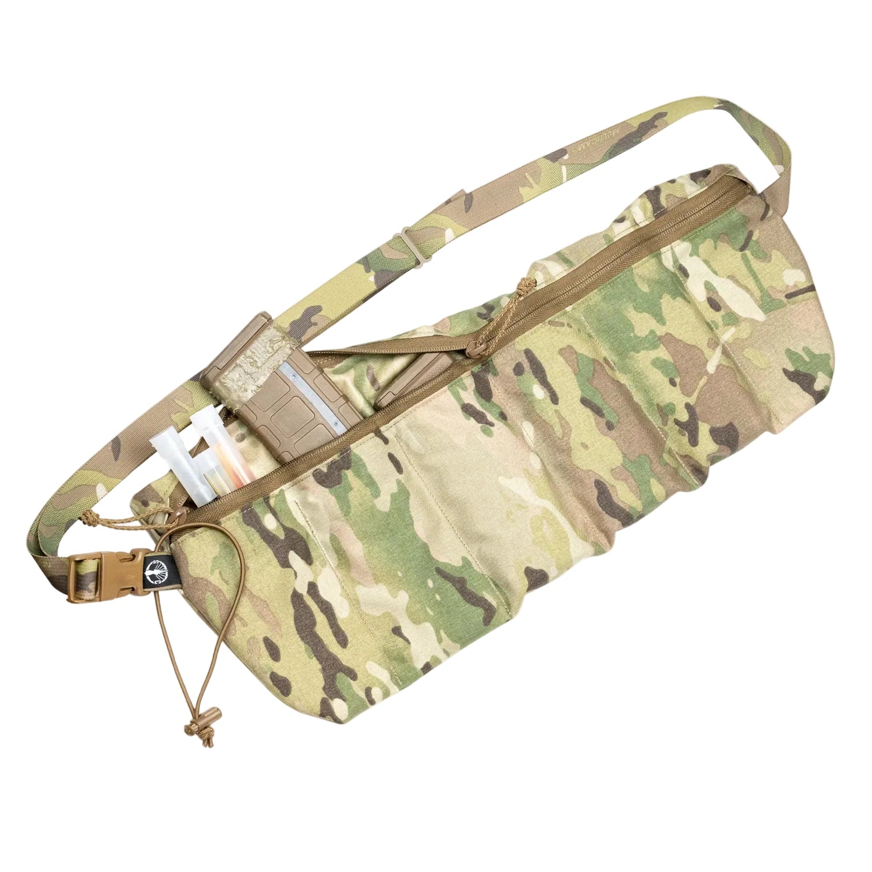 Shaw Concepts ReUp Bandolier .308 showing gear stored inside zippered utility pockets, modular rifle mag carrier with accessory storage for batteries, tools, and cleaning kit items designed for combat gear, vehicle staging, range setups, and law enforcement duty operations made in the USA