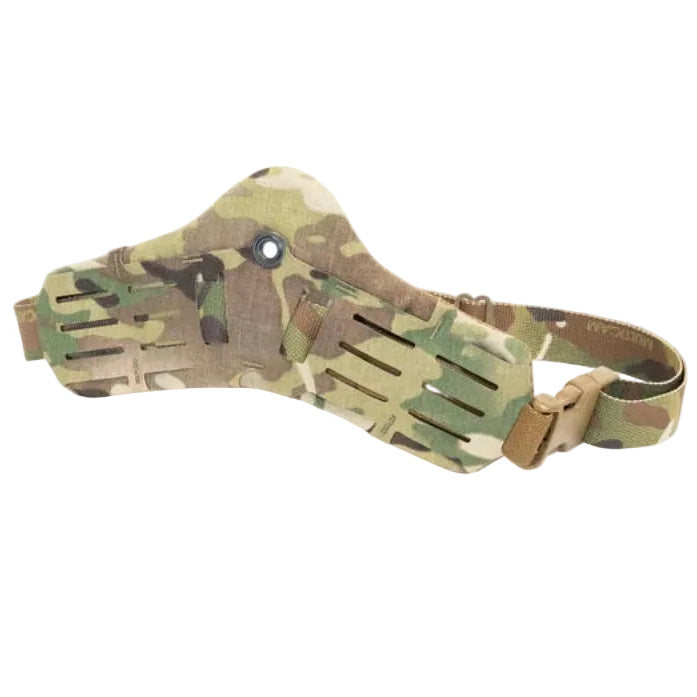 Side view of Shaw Concepts Side Kick V2 Holster Pad in Multicam, padded drop leg holster adapter with closed cell foam cushioning and dual MOLLE wings compatible with Safariland UBL, True North MHA, and QLS platforms for military combat gear, duty belts, and tactical load bearing setups made in the USA