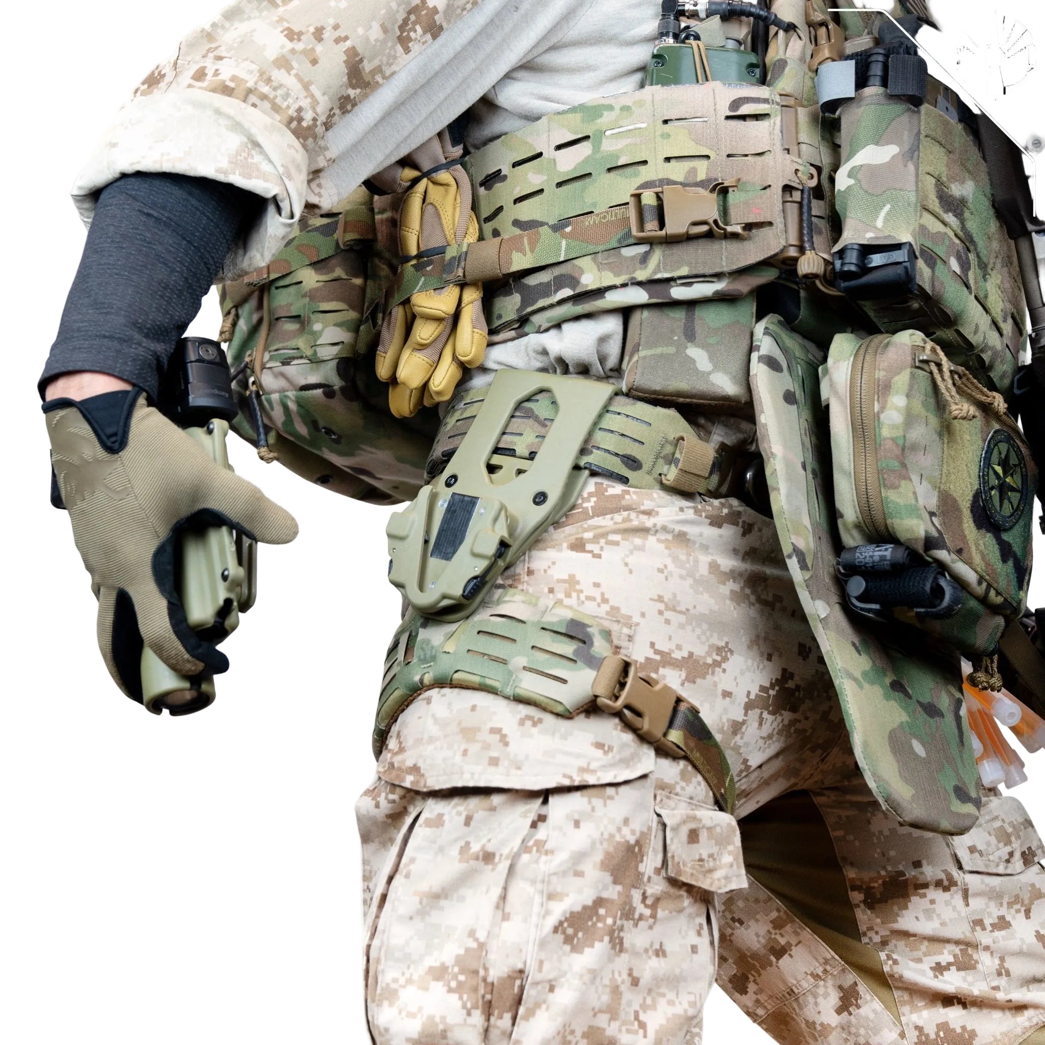 Shaw Concepts Side Kick V2 Holster Pad worn on body with full kit, padded drop leg holster adapter mounted to duty belt and holster system for combat gear, law enforcement duty rigs, and professional tactical loadouts designed for all day comfort and stability made in the USA