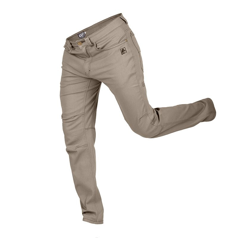 Side view of the Carlos Ray Slim Fit Pants in Flat Dark Earth showing fabric stretch and gusseted mobility for EDC use.