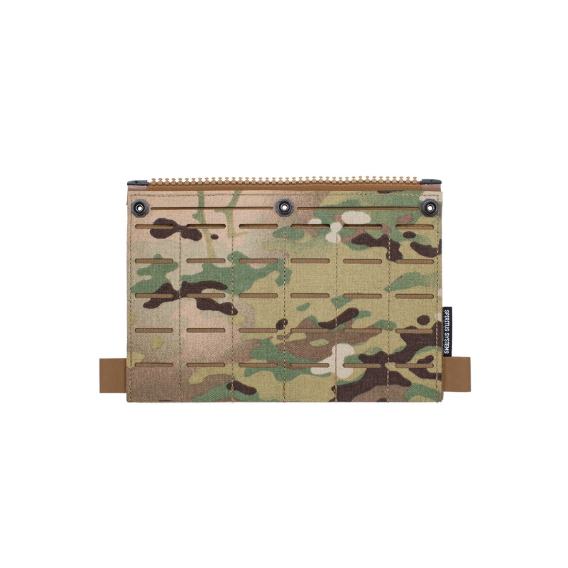 Spiritus Systems Back Panel MOLLE Flap in Multicam featuring six columns of laser-cut MOLLE slots, metal eyelets, and top zipper attachment.