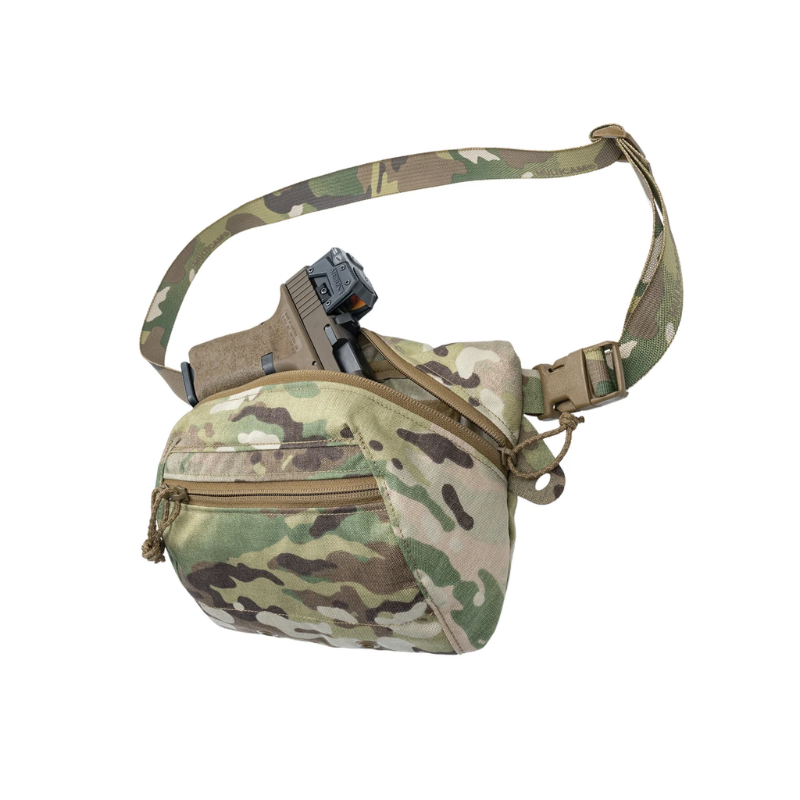 Spiritus Systems BIG Fanny SACK in Multicam with main compartment open to display a handgun equipped with a red dot optic