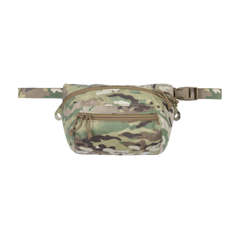 Spiritus Systems BIG Fanny SACK in Multicam camouflage with dual zippered compartments, adjustable waist strap, and drainage grommets