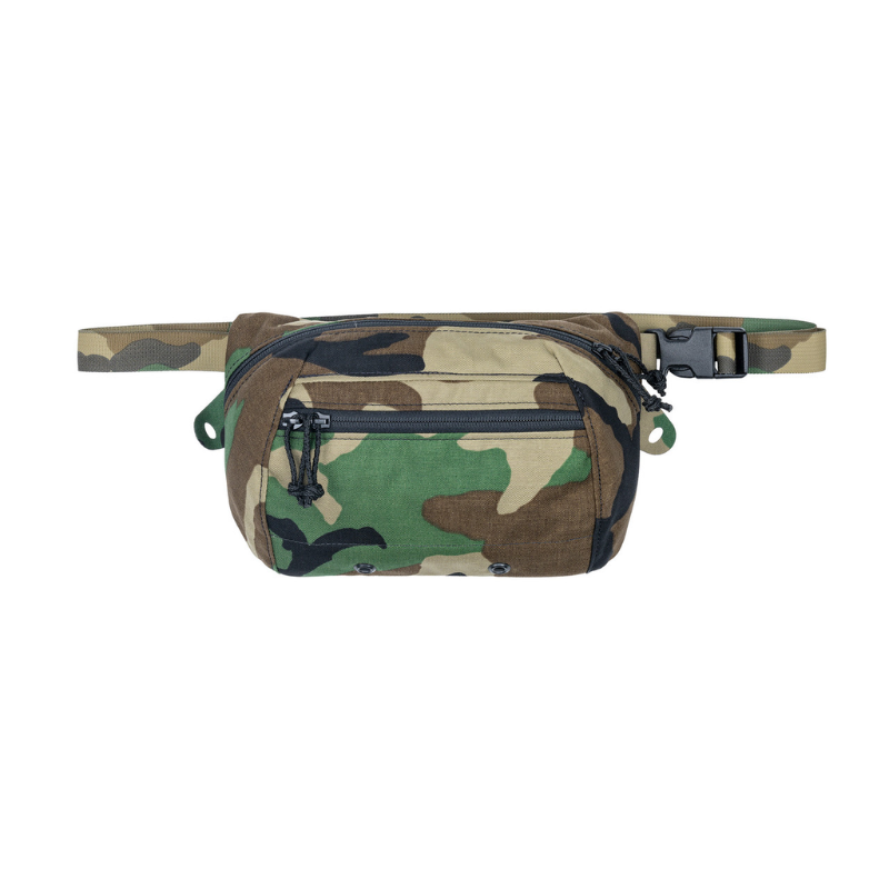 Spiritus Systems BIG Fanny SACK in Woodland camouflage with front zippered pocket, drainage grommets, and adjustable waist strap