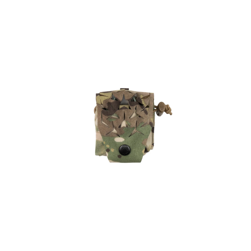 Spiritus Systems Frag Grenade SPUD Pouch in Multicam camouflage with laser-cut scrim retention flap and secure snap closure.