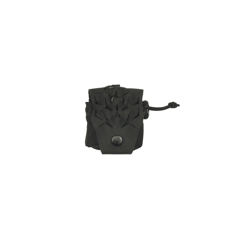 Spiritus Systems Frag Grenade SPUD Pouch in Black featuring laser-cut scrim retention flap, snap closure, and adjustable shock cord.