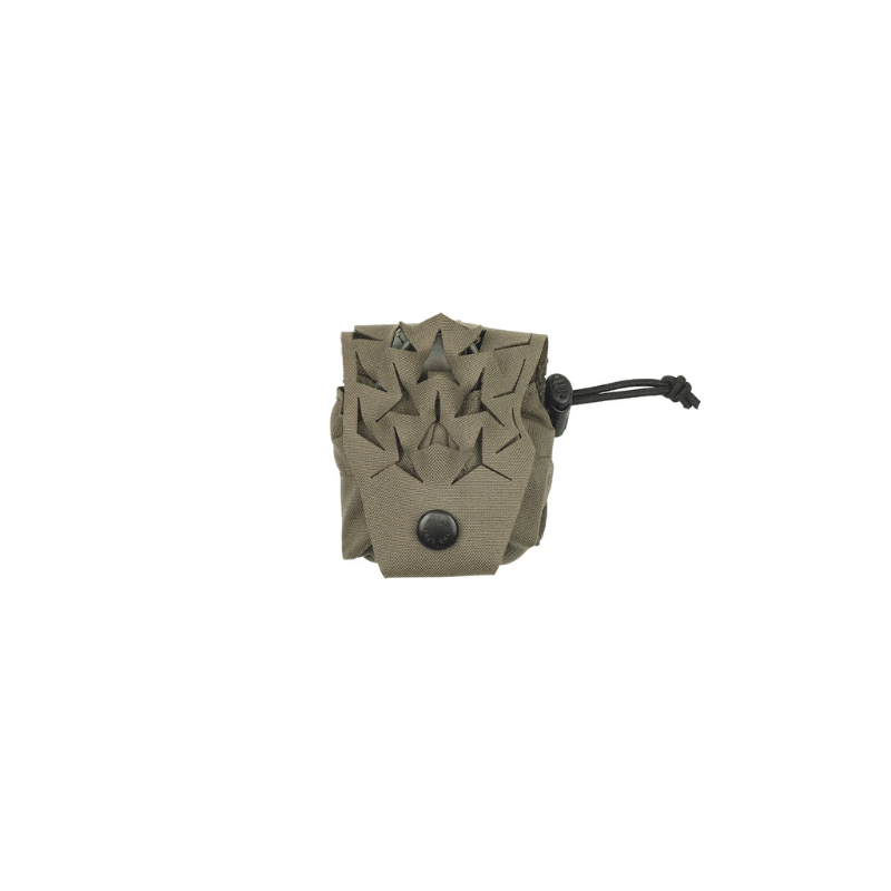 Spiritus Systems Frag Grenade SPUD Pouch in Ranger Green featuring laser-cut scrim flap, snap closure, and adjustable shock cord.