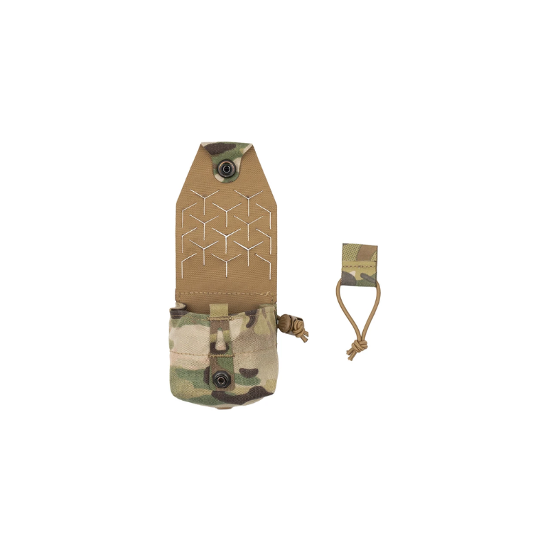 Spiritus Systems Frag Grenade SPUD Pouch in Multicam shown open with interior retention system and included shock cord pull tab.