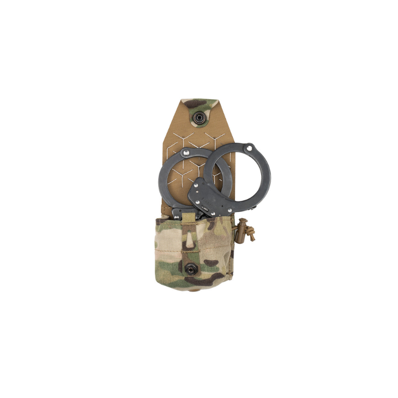 Spiritus Systems Frag Grenade SPUD Pouch in Multicam shown open with a pair of handcuffs secured inside the pouch.