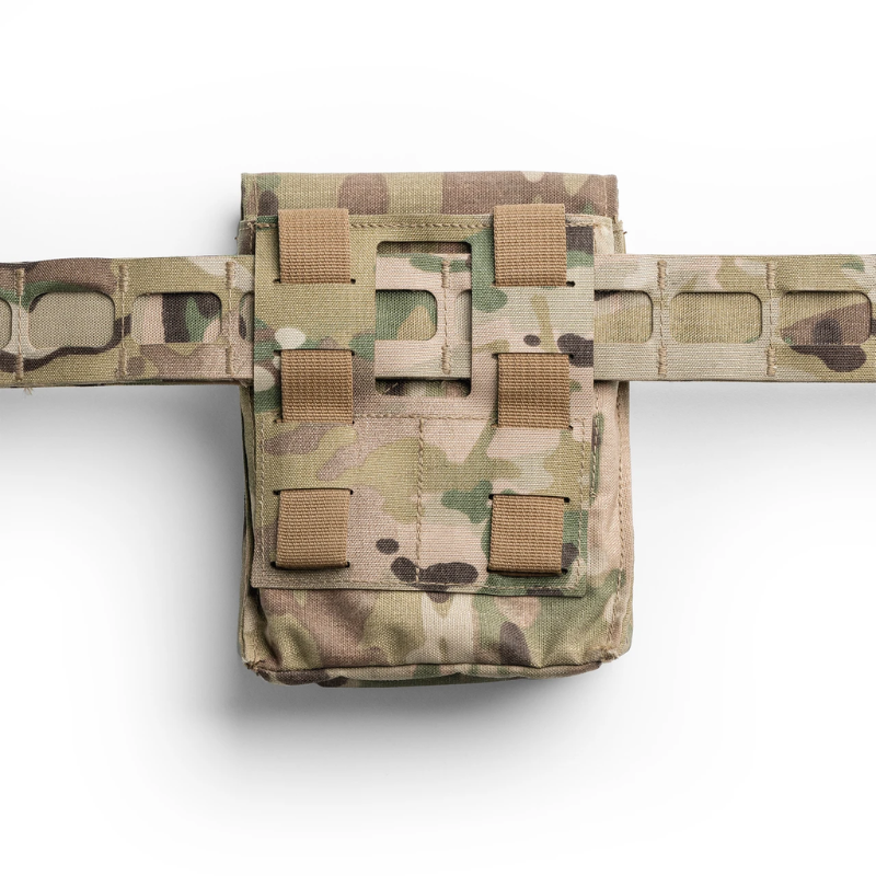 Spiritus Systems JSTA Pouch rear view in Multicam showing integrated belt loops and MOLLE mounting straps attached to a tactical belt.
